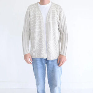 Vintage 90'S B.I.A.X. Tan Knit Geometric  3D Pattern Button Up Cardigan Sweater